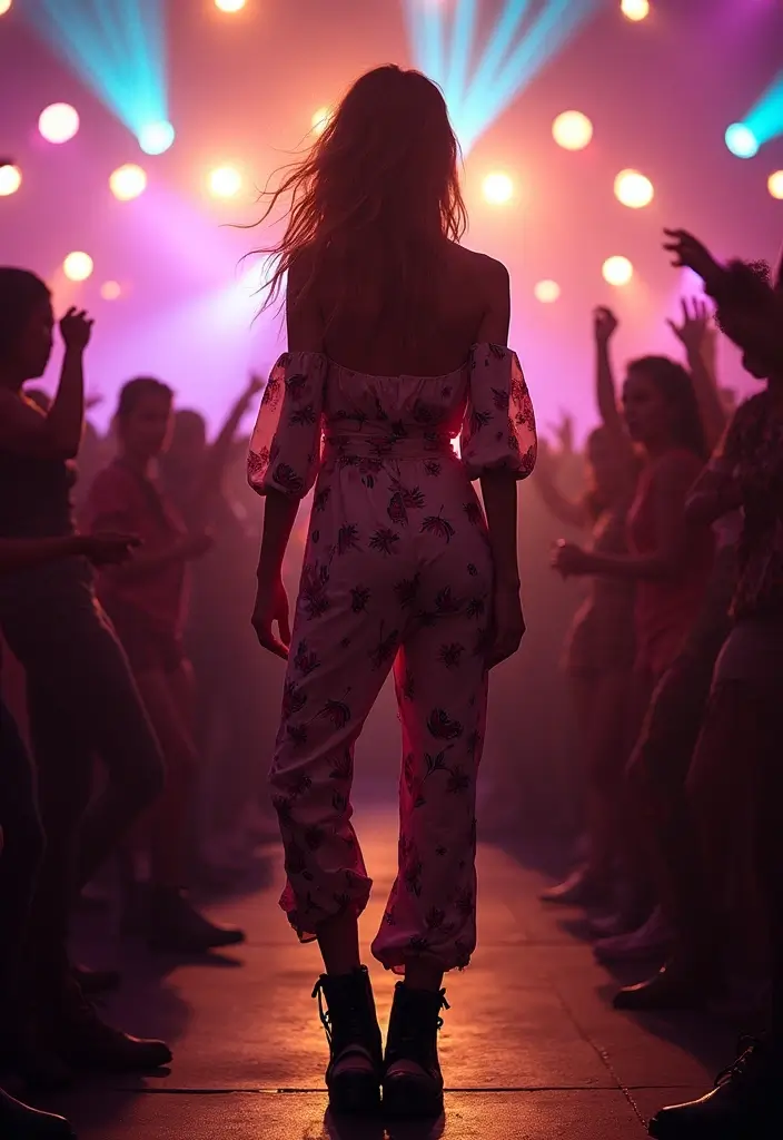 30 Stylish Rock Concert Outfits for Every Occasion - 7. Floral Print Jumpsuit & Combat Boots