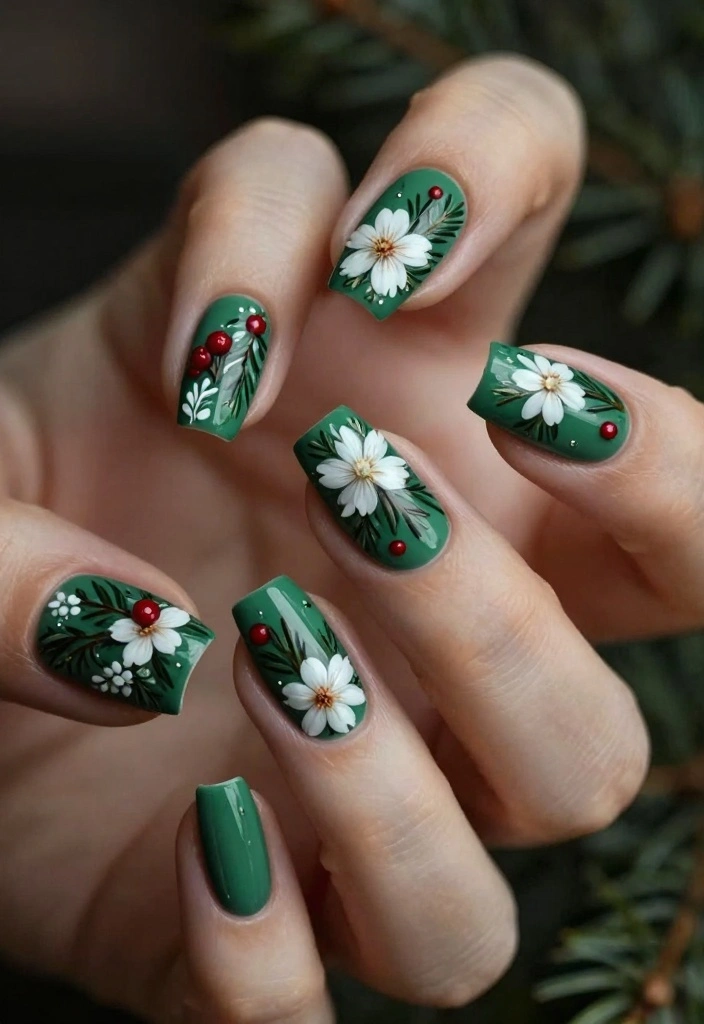 15 Green Christmas Nails Ideas Festive Modern Touch - 3. Festive Floral Accents 1