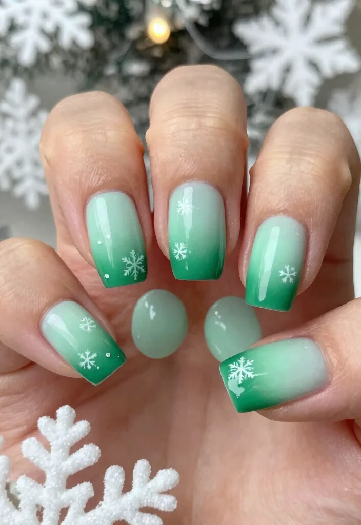 15 Green Christmas Nails Ideas Festive Modern Touch - 4. Snowy Green Ombre 1