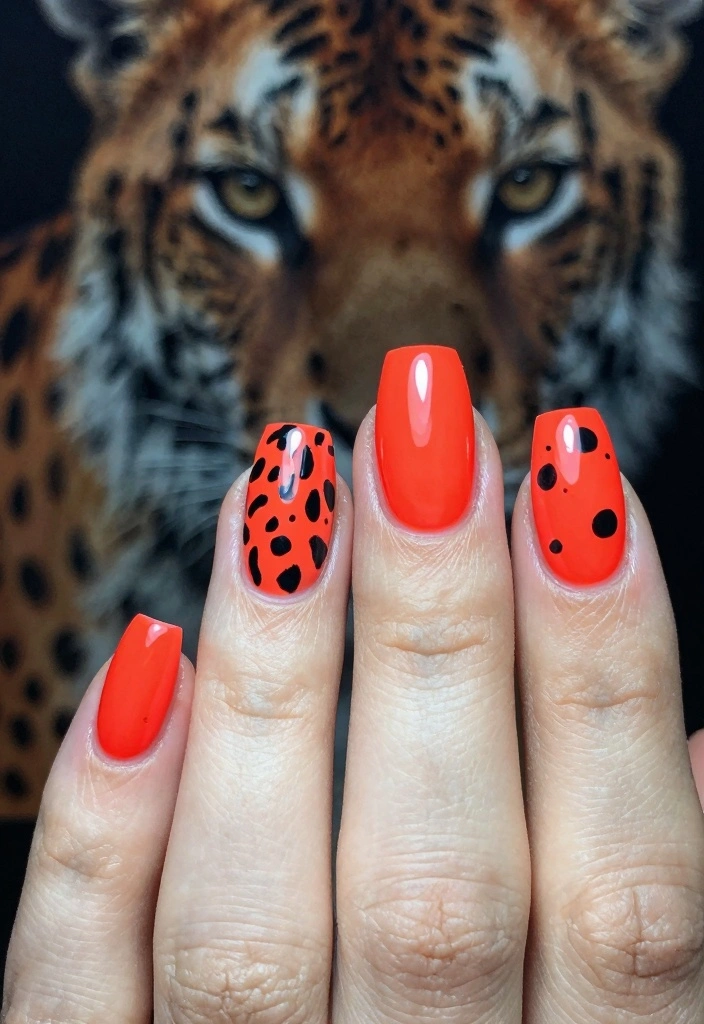 15 Neon Red Nails Ideas: Bold Statement Style - 12. Neon Red with Animal Print 1