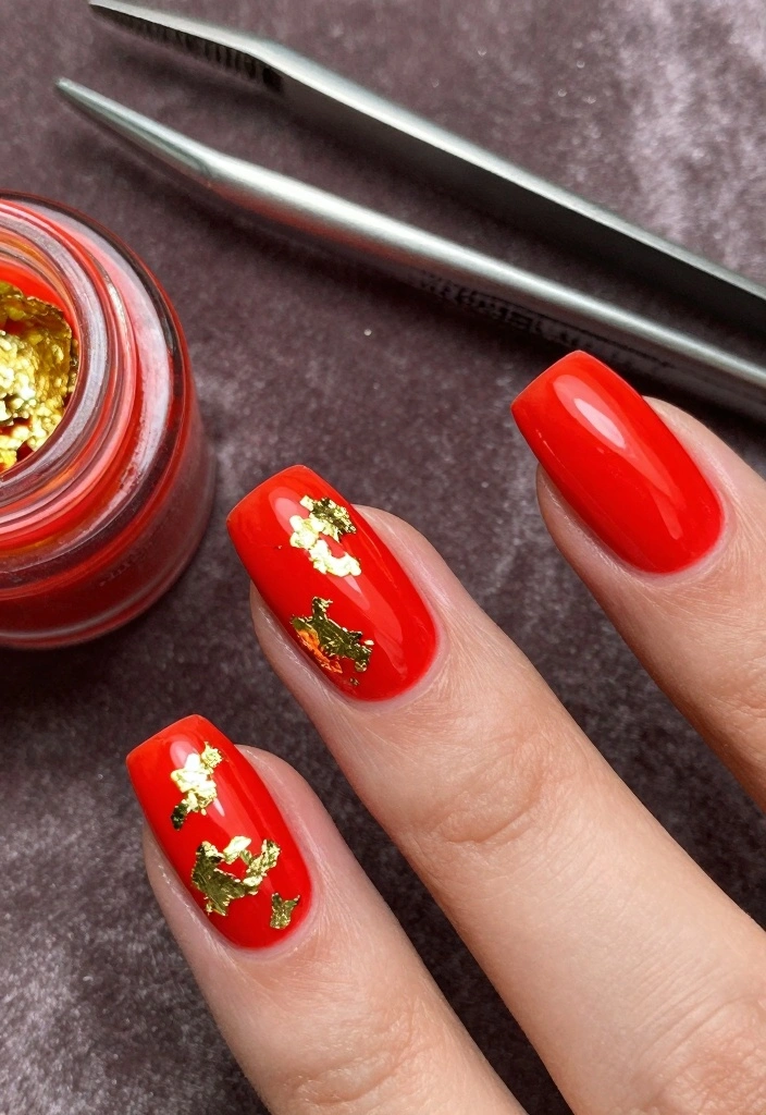 15 Neon Red Nails Ideas: Bold Statement Style - 3. Neon Red with Gold Foil Accents 1