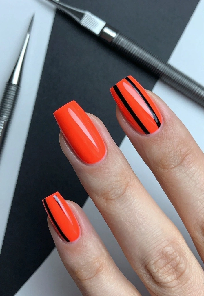 15 Neon Red Nails Ideas: Bold Statement Style - 4. Neon Red and Black Stripes 1