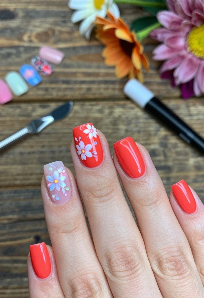 15 Neon Red Nails Ideas: Bold Statement Style - 8. Neon Red Floral Nail Art 1