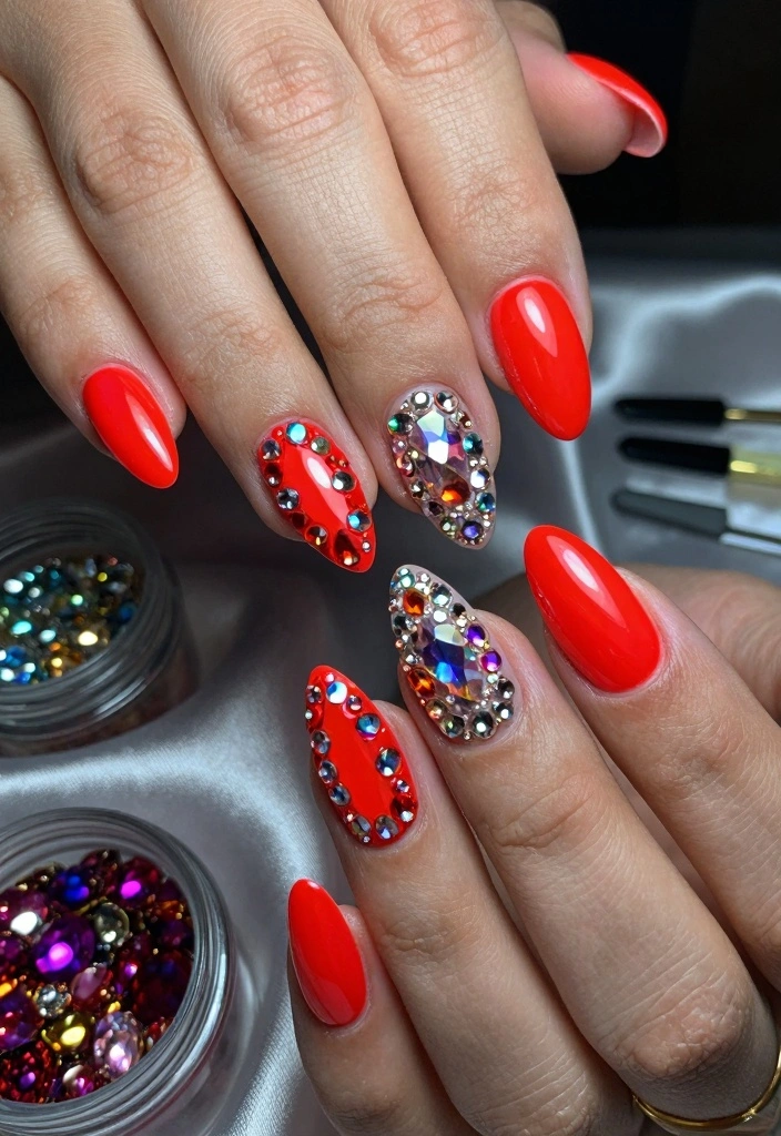 15 Neon Red Nails Ideas: Bold Statement Style - 9. Neon Red with Rhinestones 1
