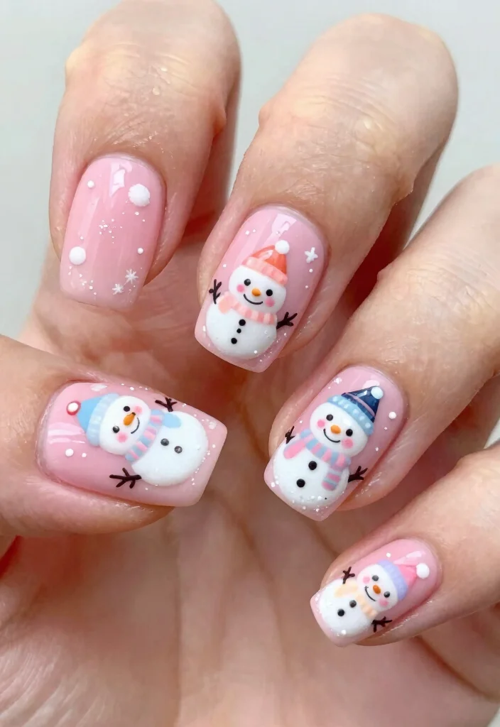 15 Pink Christmas Nails Ideas Cute Festive Style - 10. Pink Snowman Accents 1