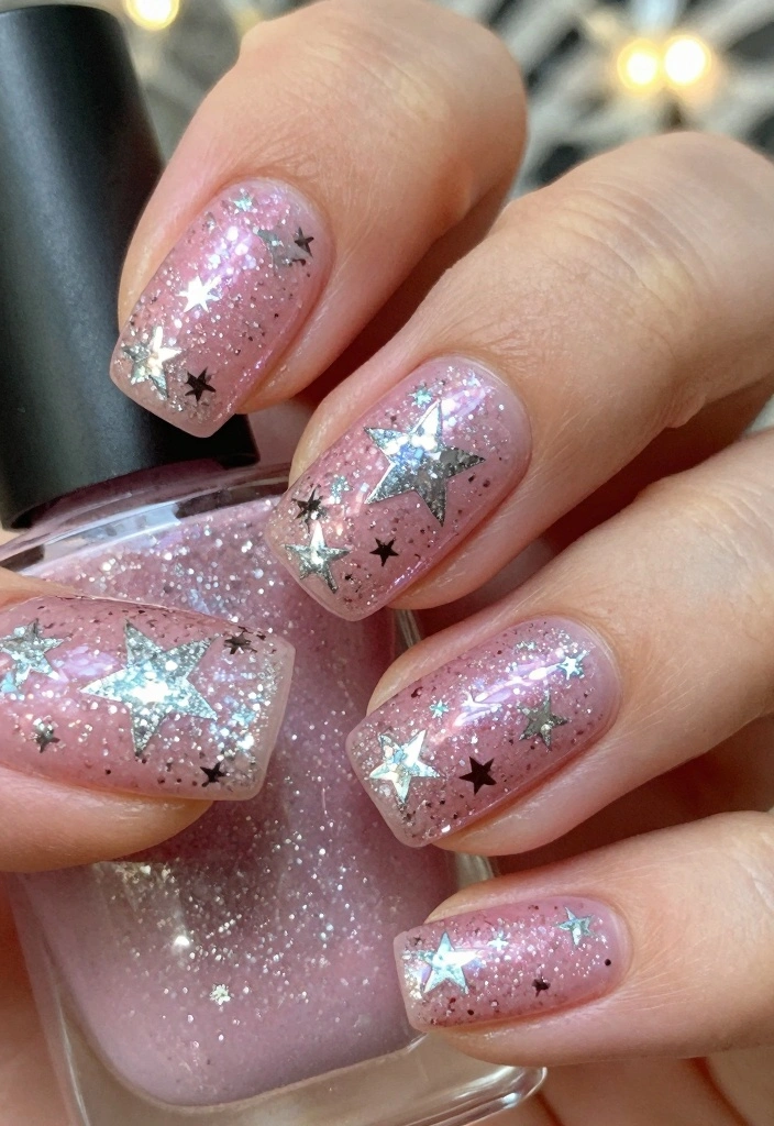 15 Pink Christmas Nails Ideas Cute Festive Style - 11. Pink and Silver Glitter Stars 1