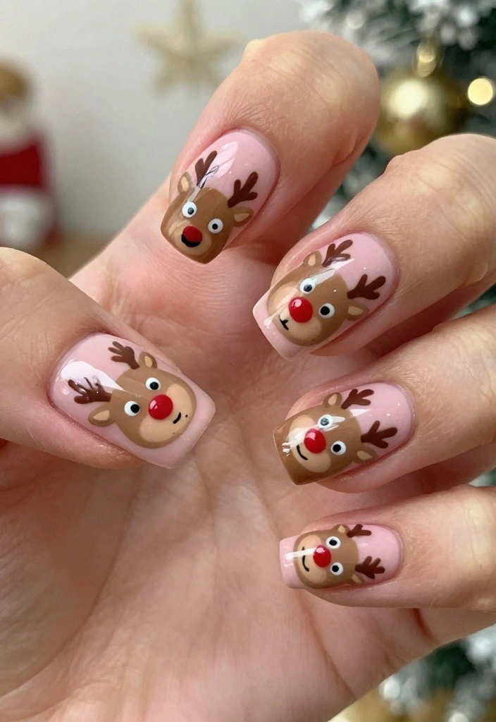 15 Pink Christmas Nails Ideas Cute Festive Style - 13. Cute Reindeer Nails 1