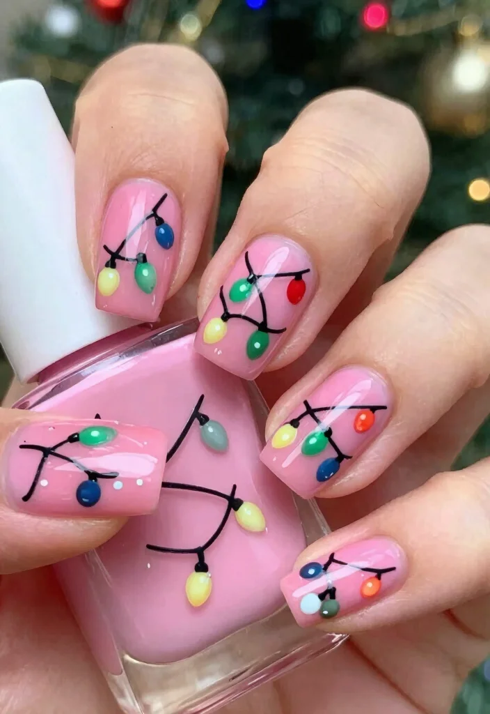 15 Pink Christmas Nails Ideas Cute Festive Style - 14. Pink and Green Christmas Lights 1