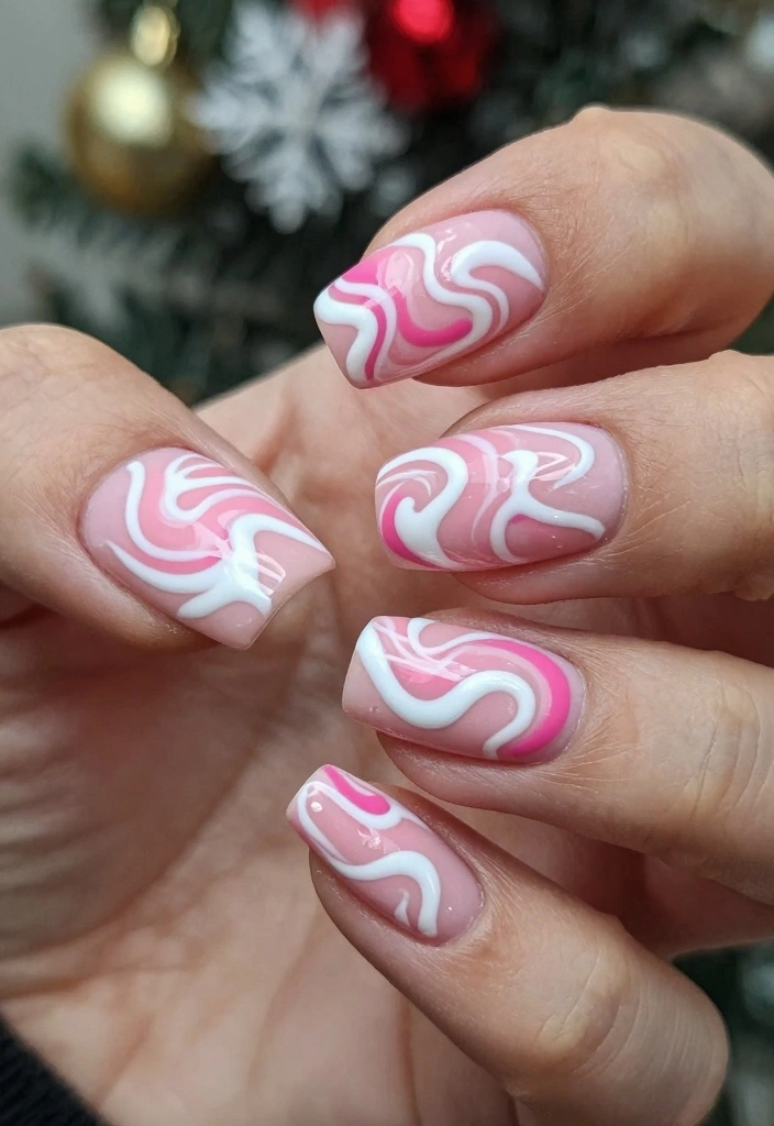 15 Pink Christmas Nails Ideas Cute Festive Style - 8. Pink and White Swirls 1