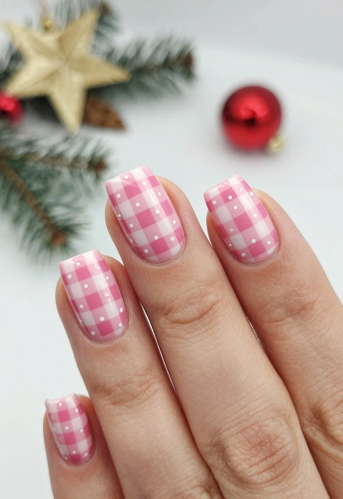 15 Pink Christmas Nails Ideas Cute Festive Style - 9. Pink Gingham Patterns 1