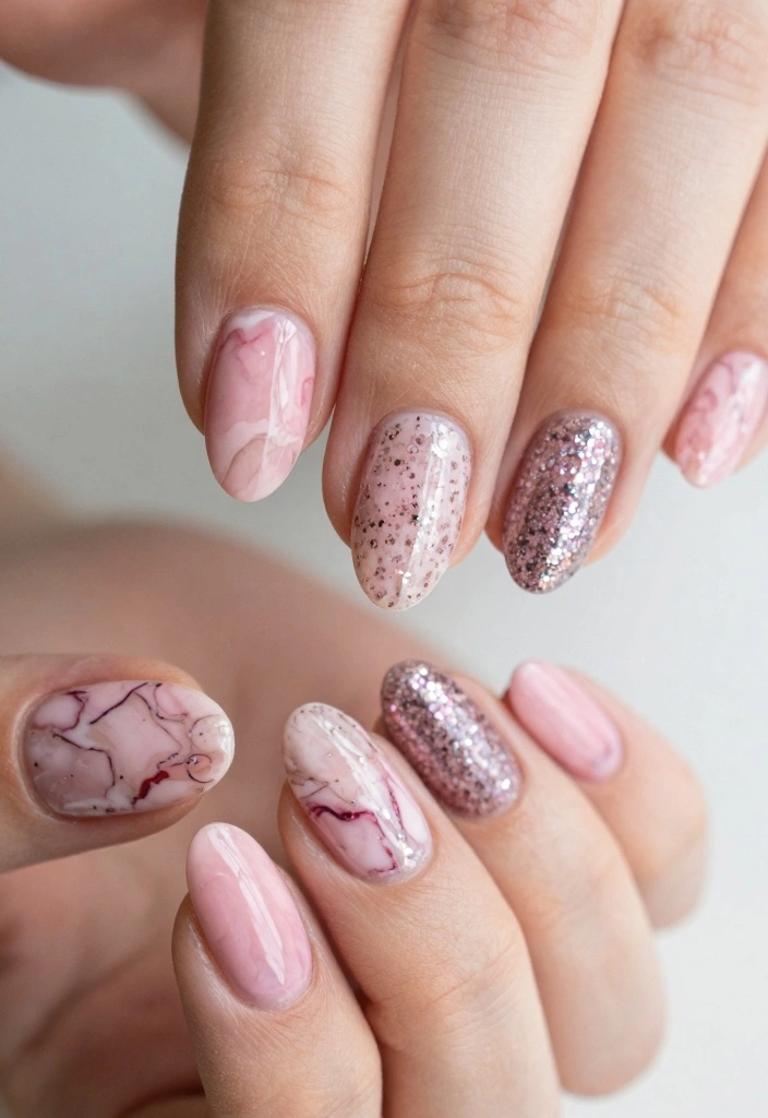 15 Pink Nail Ideas for Classic Soft Glam - 11. Pink Marble and Glitter Mix 1