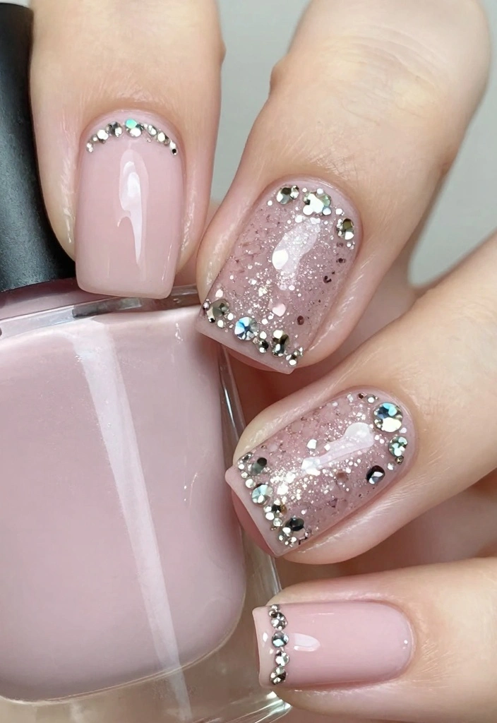15 Pink Nail Ideas for Classic Soft Glam - 13. Pink Nail Art with Rhinestones 1