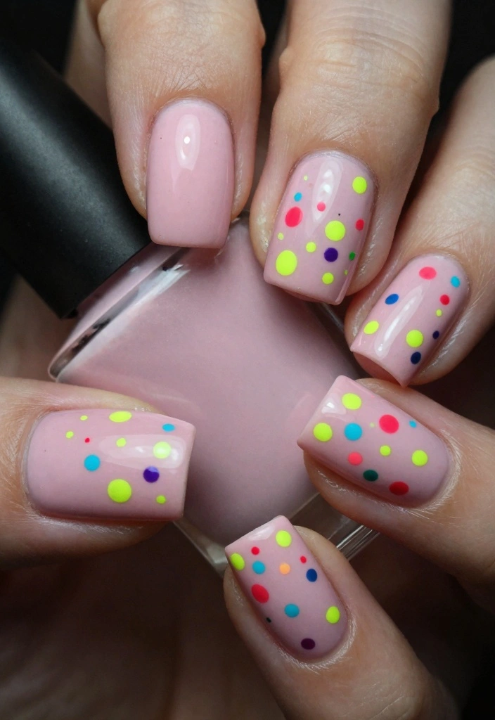 15 Pink Nail Ideas for Classic Soft Glam - 15. Soft Pink with Neon Dots 1