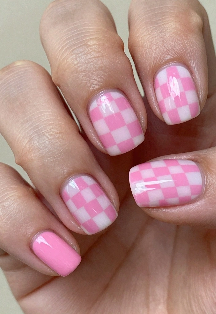 15 Pink Nail Ideas for Classic Soft Glam - 9. Pastel Pink Checkerboard 1