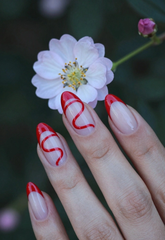 15 Red French Tip Nails Ideas Modern Classic Twist - 10. Swirl Red French Tips 1