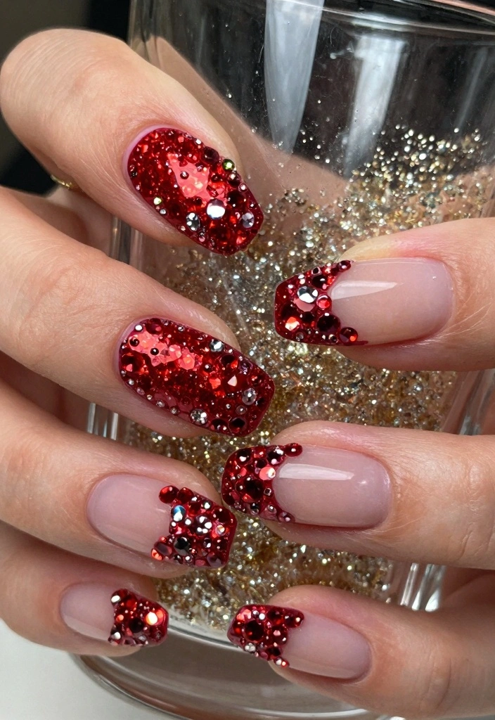 15 Red French Tip Nails Ideas Modern Classic Twist - 13. Red French Tips with Rhinestones 1