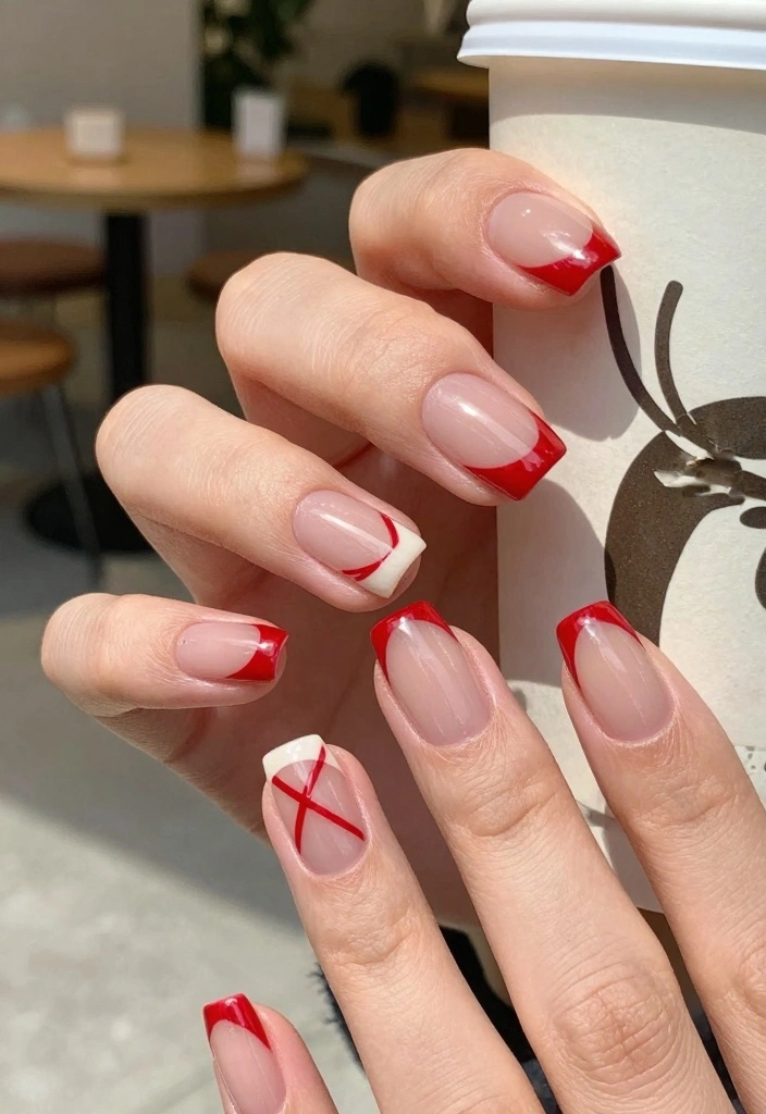 15 Red French Tip Nails Ideas Modern Classic Twist - 3. Geometric Red French Tips 1