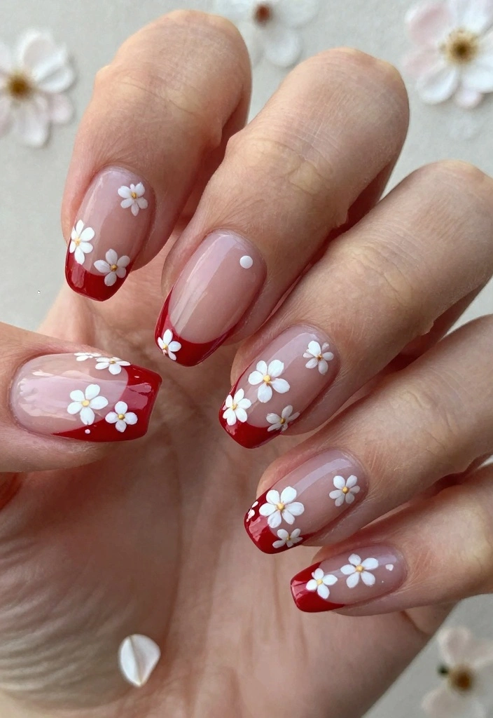 15 Red French Tip Nails Ideas Modern Classic Twist - 7. Floral Red French Tips 1
