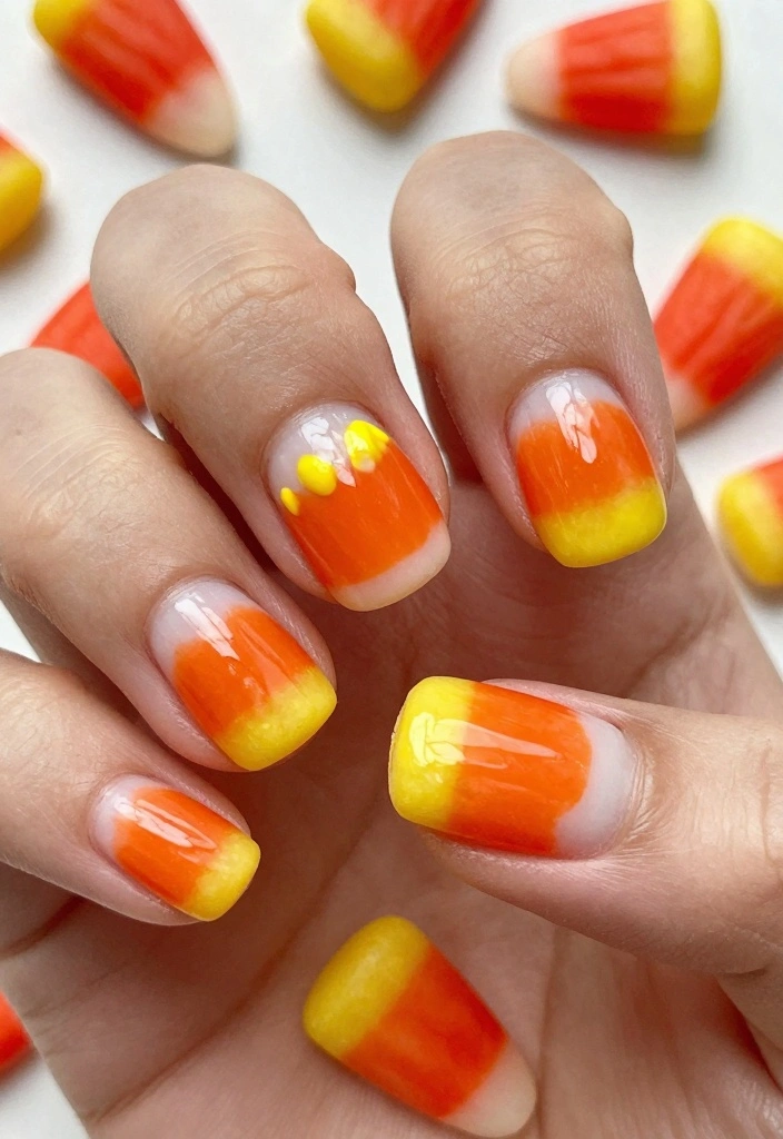 15 Short Fall Nail Designs Ideas for a Cute Clean Look - 10. Sweet Candy Corn Nails 1