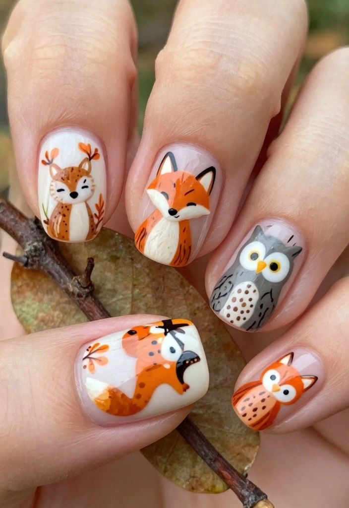 15 Short Fall Nail Designs Ideas for a Cute Clean Look - 15. Whimsical Woodland Creatures 1