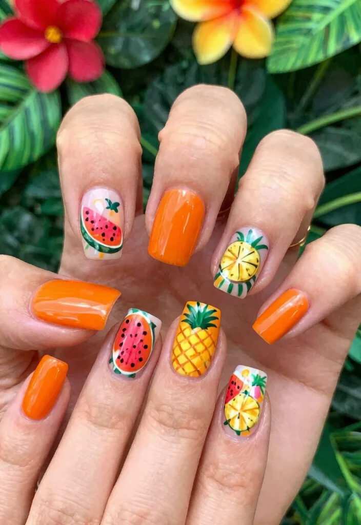 15 Summer Orange Nails Ideas: Bright Warm Pop - 2. Tropical Fruit Splash 1