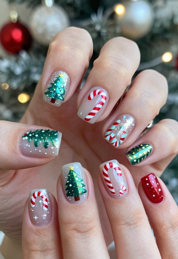 15 Winter Gel Nails Ideas: Glossy Long Wear - 10. Festive Holiday Mix 1