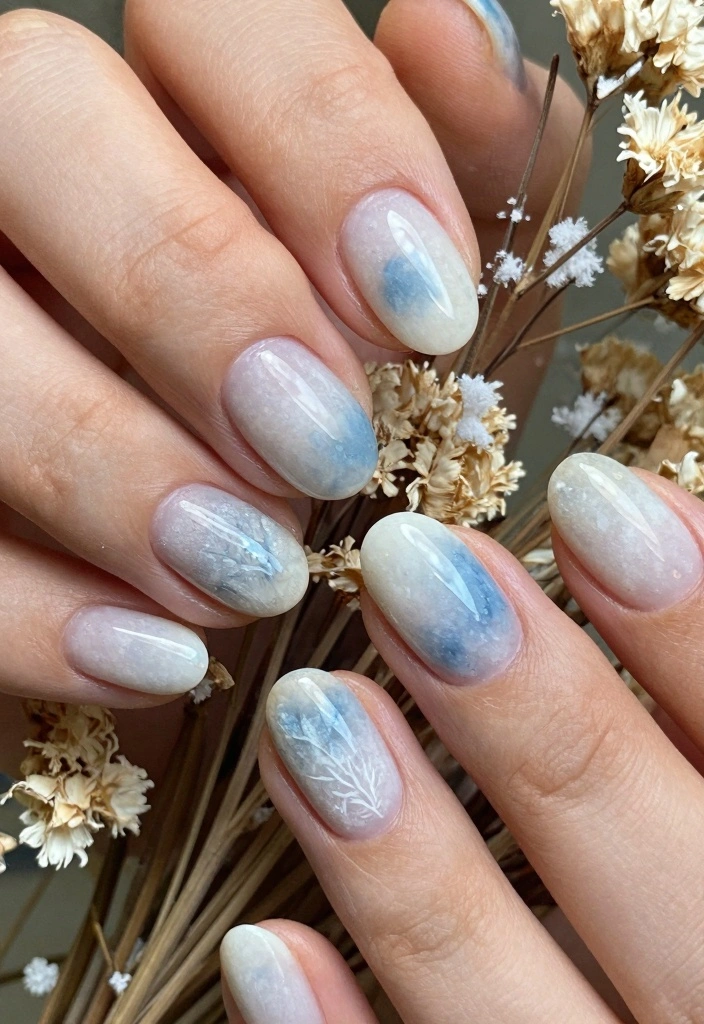 15 Winter Gel Nails Ideas: Glossy Long Wear - 12. Nature-Inspired Frost 1