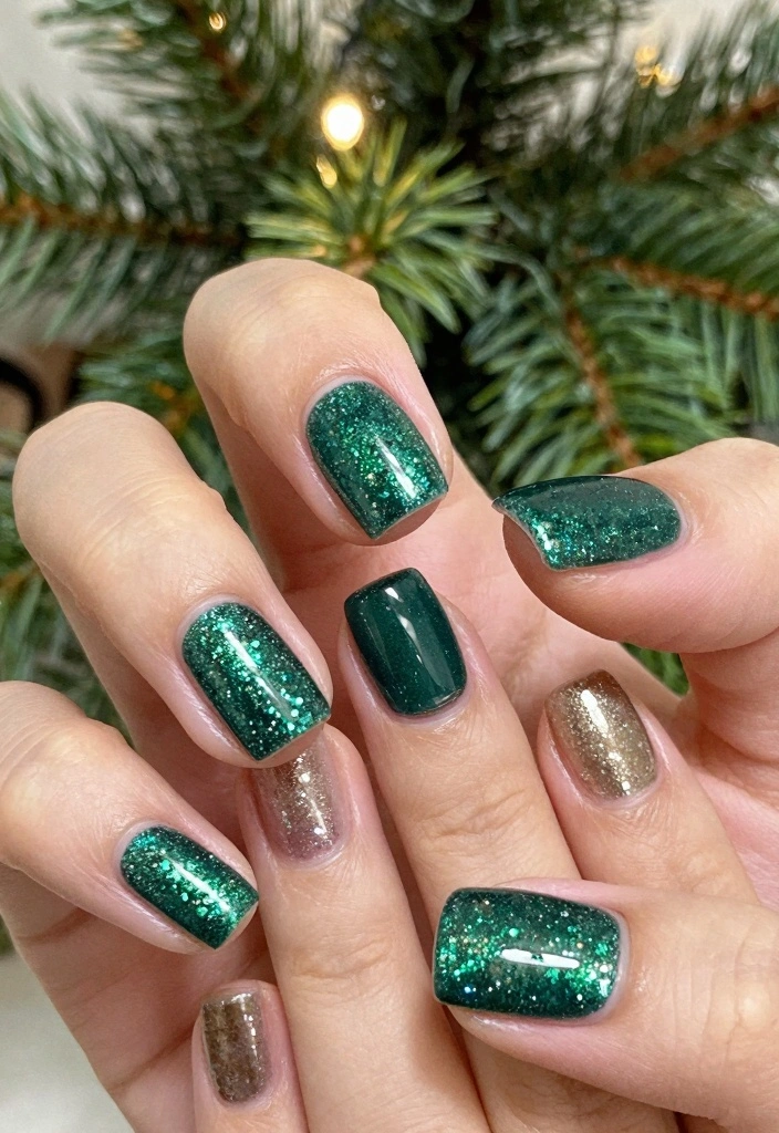 15 Winter Gel Nails Ideas: Glossy Long Wear - 13. Glittery Evergreen 1