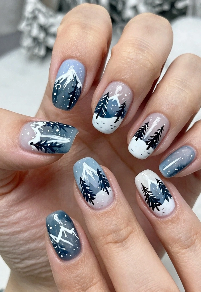 15 Winter Gel Nails Ideas: Glossy Long Wear - 14. Artistic Winter Landscapes 1