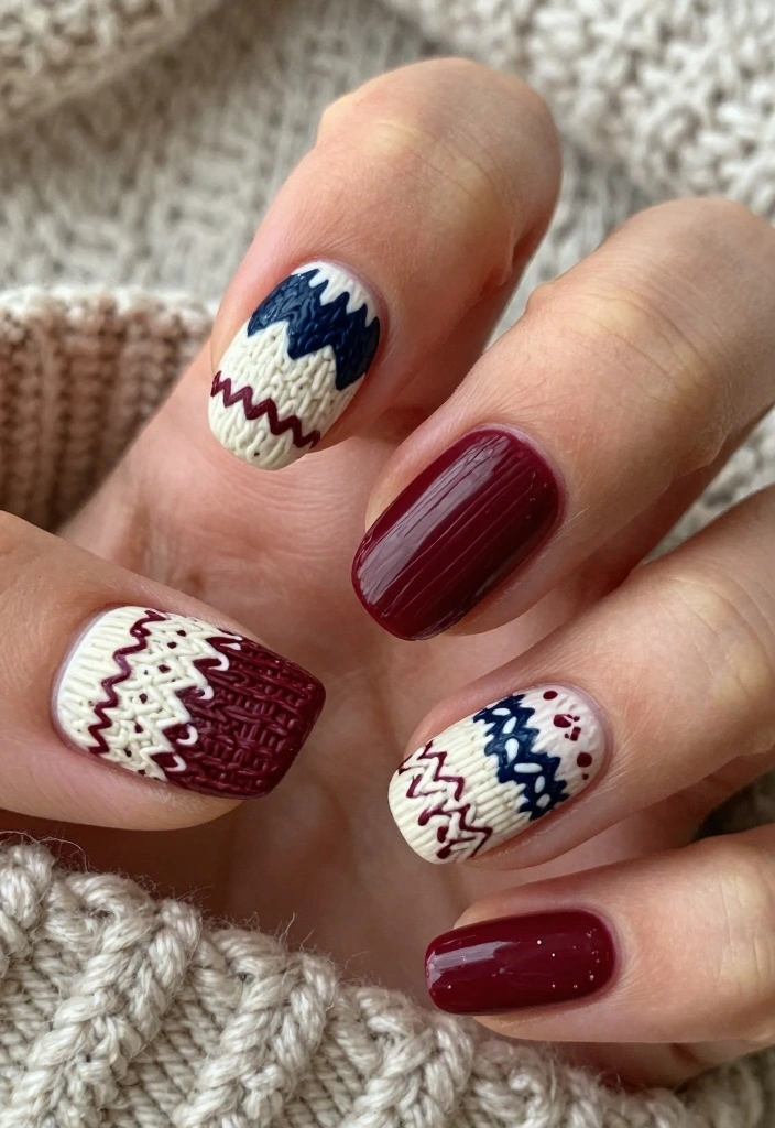 15 Winter Gel Nails Ideas: Glossy Long Wear - 2. Cozy Sweater Patterns 1