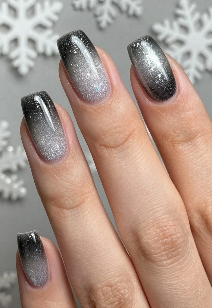 15 Winter Gel Nails Ideas: Glossy Long Wear - 5. Silver Sparkle Gradient 1