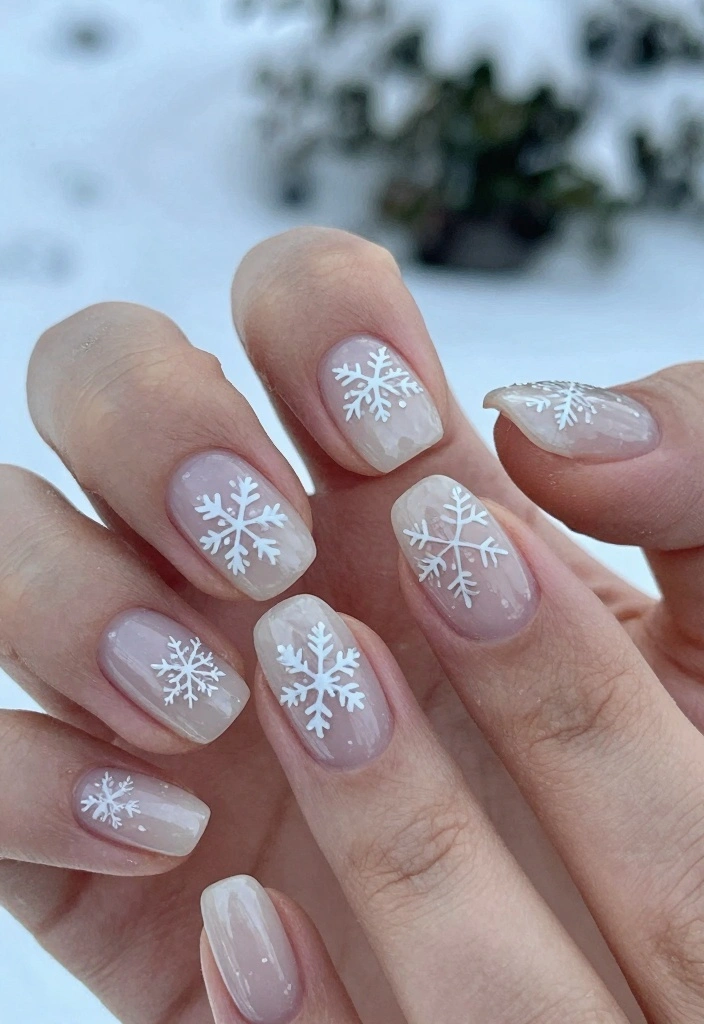 15 Winter Gel Nails Ideas: Glossy Long Wear - 7. Minimalist Snowflakes 1