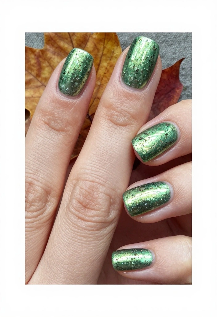 16 Green Autumn Nails Ideas Earthy Fresh Style - 11. Metallic Green and Earthy Specks 1