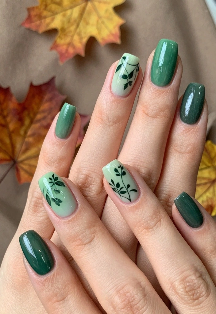 16 Green Autumn Nails Ideas Earthy Fresh Style - 12. Ombre Leaf Silhouettes 1