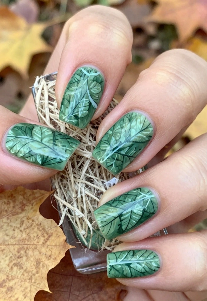 16 Green Autumn Nails Ideas Earthy Fresh Style - 16. Leaf Imprints with Green Base 1