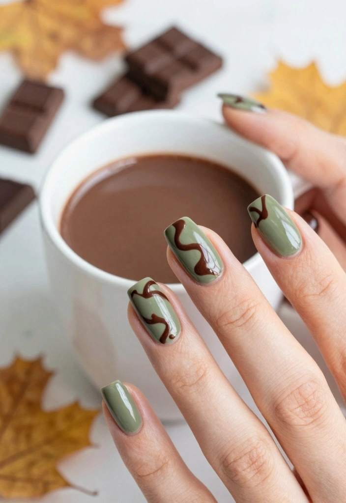 16 Green Autumn Nails Ideas Earthy Fresh Style - 3. Olive and Chocolate Swirls 1