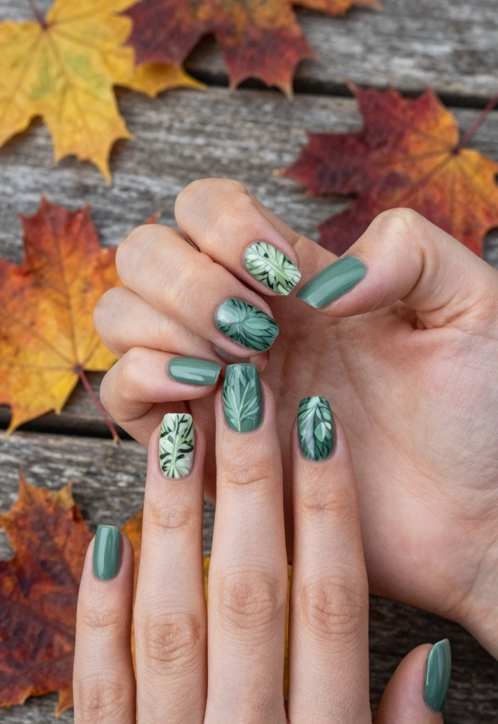 16 Green Autumn Nails Ideas Earthy Fresh Style - 4. Nature-Inspired Leaves 1