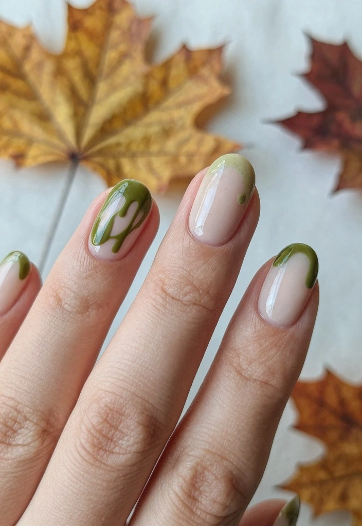 16 Green Autumn Nails Ideas Earthy Fresh Style - 6. Olive Drip Nail Art 1