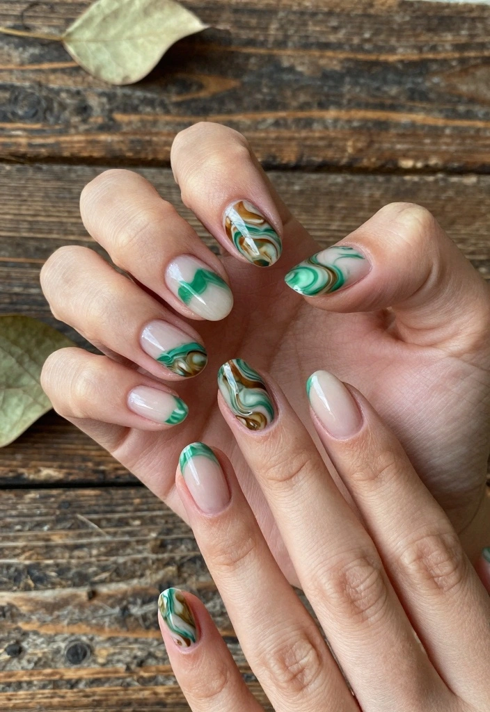 16 Green Autumn Nails Ideas Earthy Fresh Style - 8. Swirling Green and Brown Marble 1