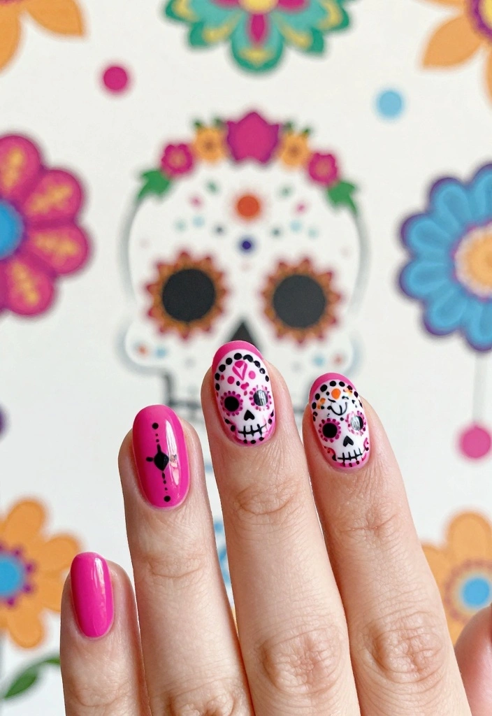 16 Pink Halloween Nails Ideas Sweet Spooky Vibes - 11. Sugar Skull Glam 1