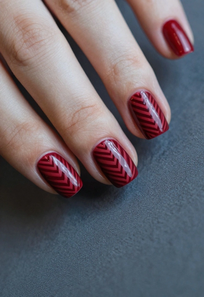 16 Red Autumn Nails Ideas: Warm Seasonal Glam - 10. Classic Red with Matte Chevron 1
