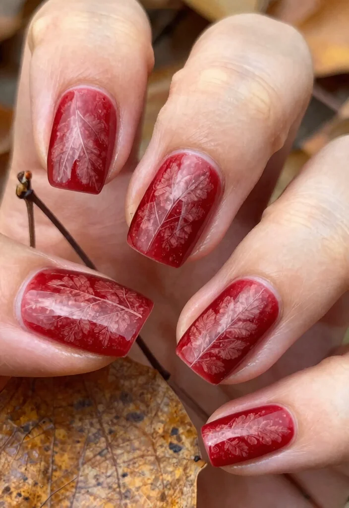 16 Red Autumn Nails Ideas: Warm Seasonal Glam - 11. Rustic Red with Leaf Imprints 1