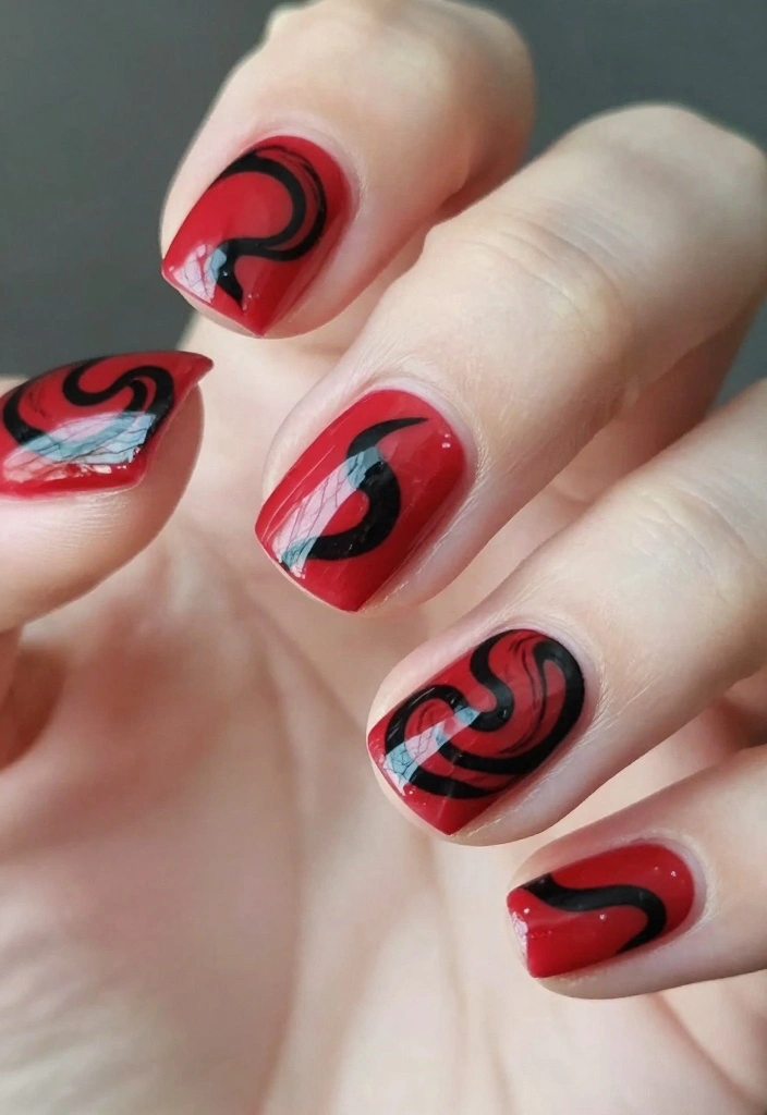 16 Red Autumn Nails Ideas: Warm Seasonal Glam - 15. Red and Black Swirls 1
