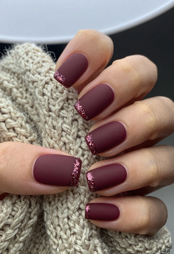 16 Red Autumn Nails Ideas: Warm Seasonal Glam - 4. Matte Burgundy with Glitter Tips 1