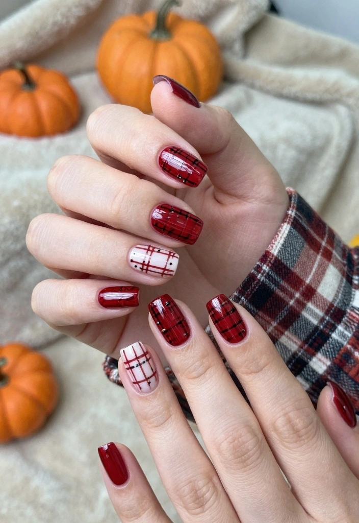 16 Red Autumn Nails Ideas: Warm Seasonal Glam - 5. Rustic Red Plaid 1