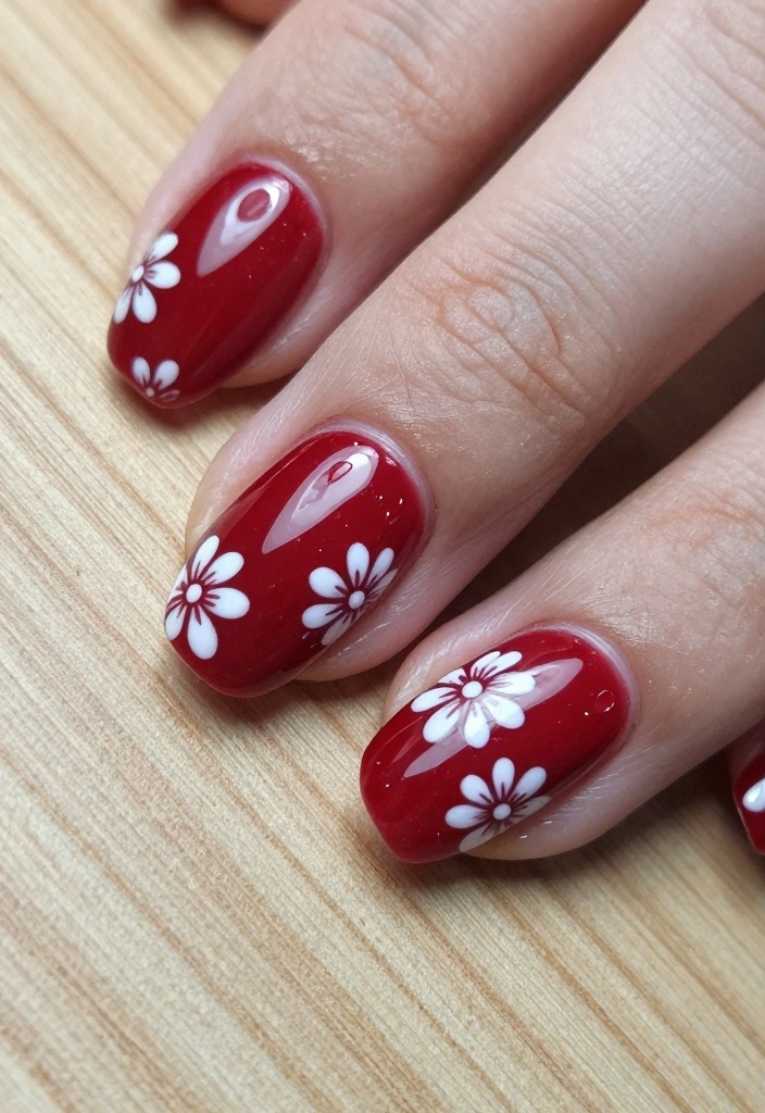 16 Red Autumn Nails Ideas: Warm Seasonal Glam - 7. Red and White Floral 1