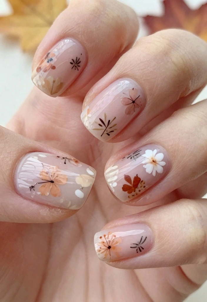 16 Short Autumn Nails Ideas: Chic Practical Style - 12. Subtle Floral Patterns 1
