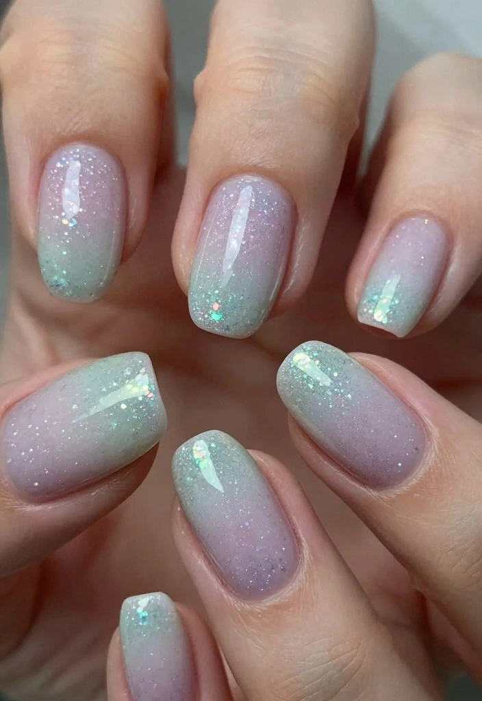 16 Summer Pastel Nail Ideas: Soft Fresh Colors - 14. Ombre and Glitter Combo 1