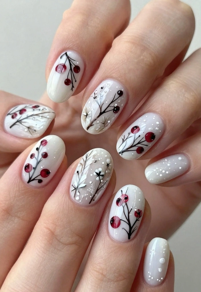 16 White Winter Nails Ideas for a Frosty Elegant Look - 15. Winter Berries & Branches 1