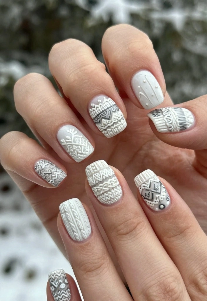 16 White Winter Nails Ideas for a Frosty Elegant Look - 16. Cozy Sweater Patterns 1